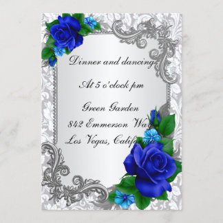 Tarjeta de recepción de boda de rosas azules elega