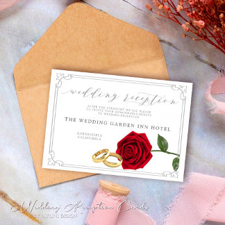 Tarjeta de recepción de boda de rosas rojas y anil