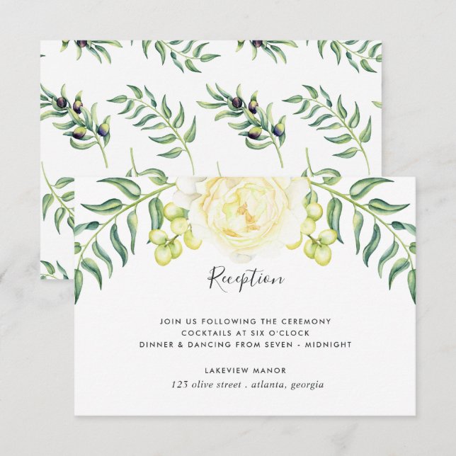 Tarjeta de Recepción de Boda de Rosas y Aceitunas (Anverso / Reverso)