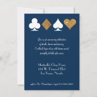Tarjeta de recepción de boda dorada sobre azul mar