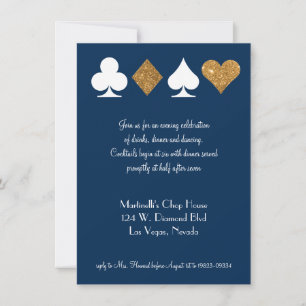 Tarjeta de recepción de boda dorada sobre azul mar