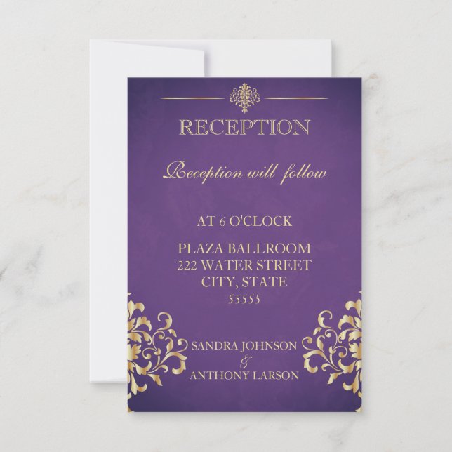 Tarjeta de recepción de boda elegante de oro y púr (Anverso)