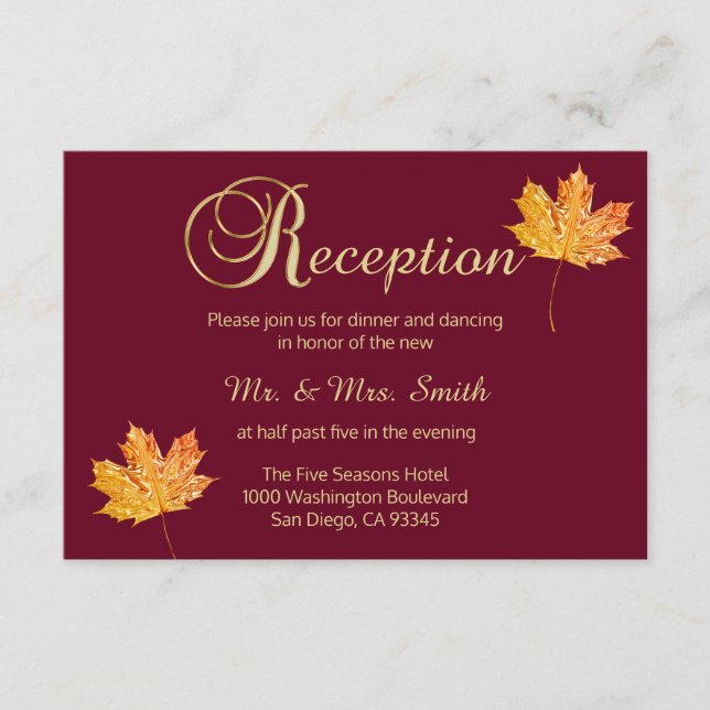 Tarjeta de RECEPCIÓN de boda elegante de otoño Bor (Anverso)