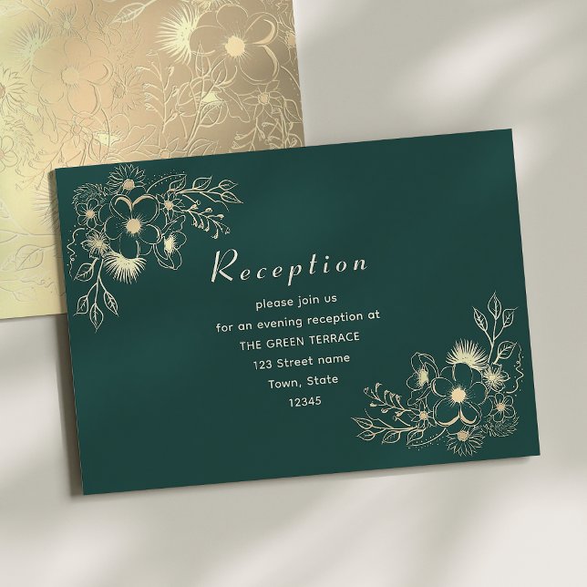 Tarjeta de recepción de boda esmeralda verde y dor (Subido por el creador)