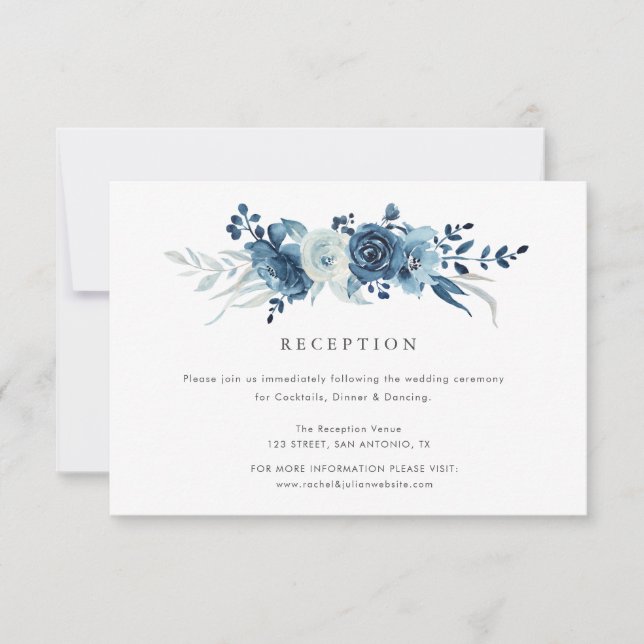 tarjeta de recepción de boda floral azul luna (Anverso)