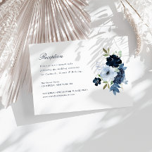 tarjeta de recepción de boda floral azul marino y 