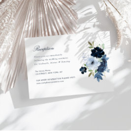 tarjeta de recepción de boda floral azul marino y 
