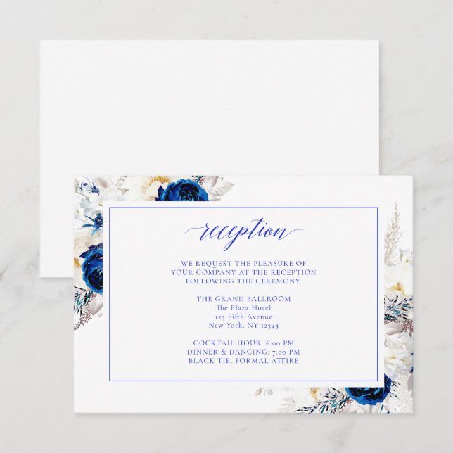 Tarjeta de recepción de boda floral azul real mode (Anverso / Reverso)