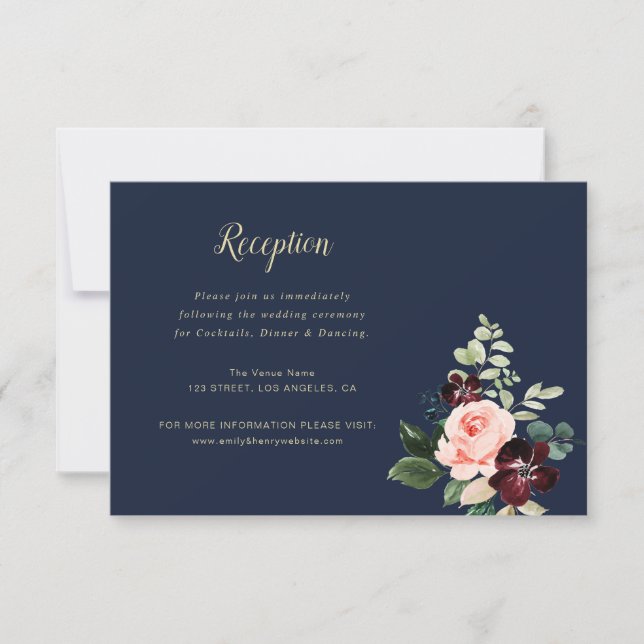 tarjeta de recepción de boda floral borgoña azul m (Anverso)