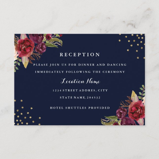 Tarjeta de Recepción de Boda Floral Burgundy Gold  (Anverso)