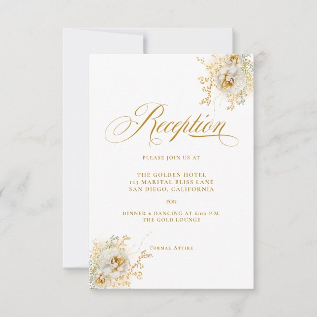 Tarjeta de recepción de boda floral con escritura  (Anverso)