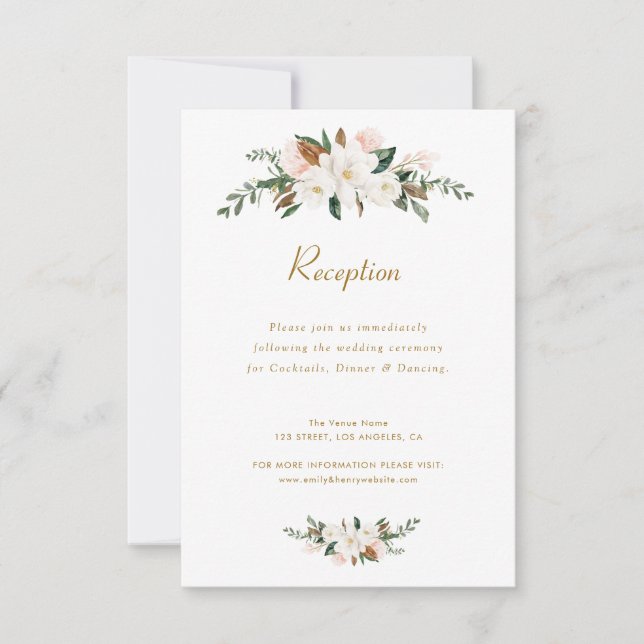 tarjeta de recepción de boda floral con magnolia b (Anverso)