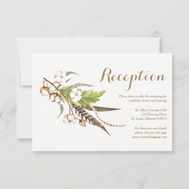 Tarjeta de recepción de boda floral de algodón rús (Anverso)