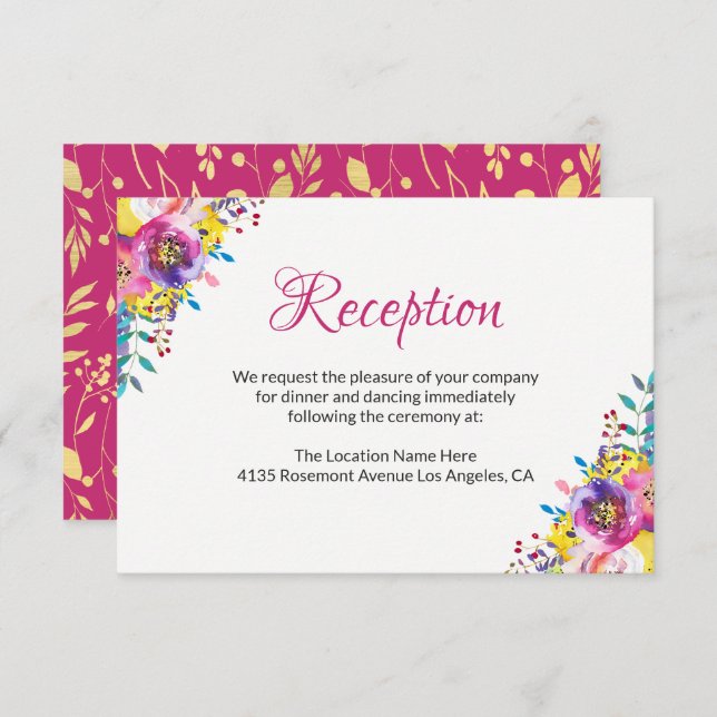 Tarjeta de recepción de boda floral de flor de oro (Anverso / Reverso)