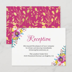 Tarjeta de recepción de boda floral de flor de oro