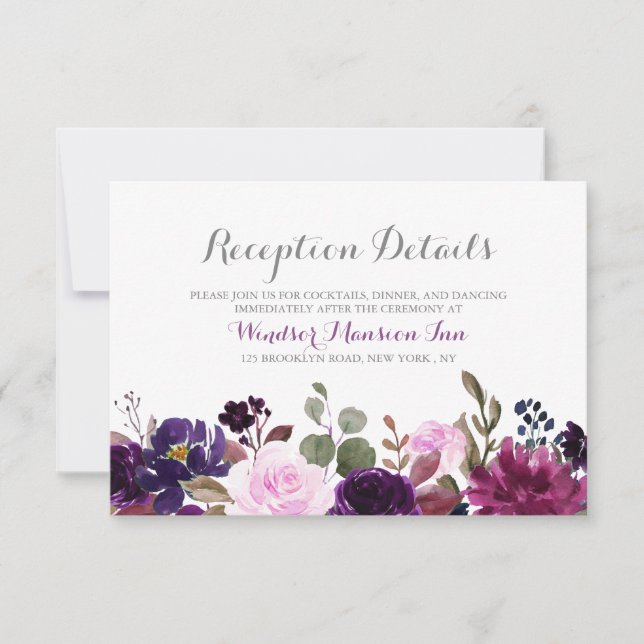 Tarjeta de recepción de boda floral de lavanda púr (Anverso)