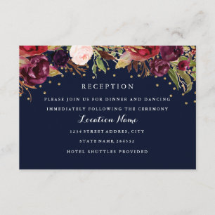 Tarjeta de recepción de boda floral dorada de Borg