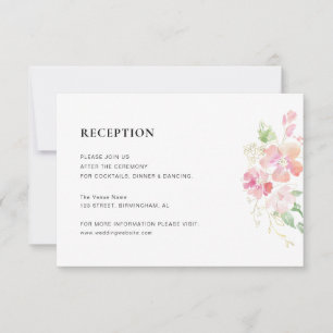 tarjeta de recepción de boda floral dorada y rosa