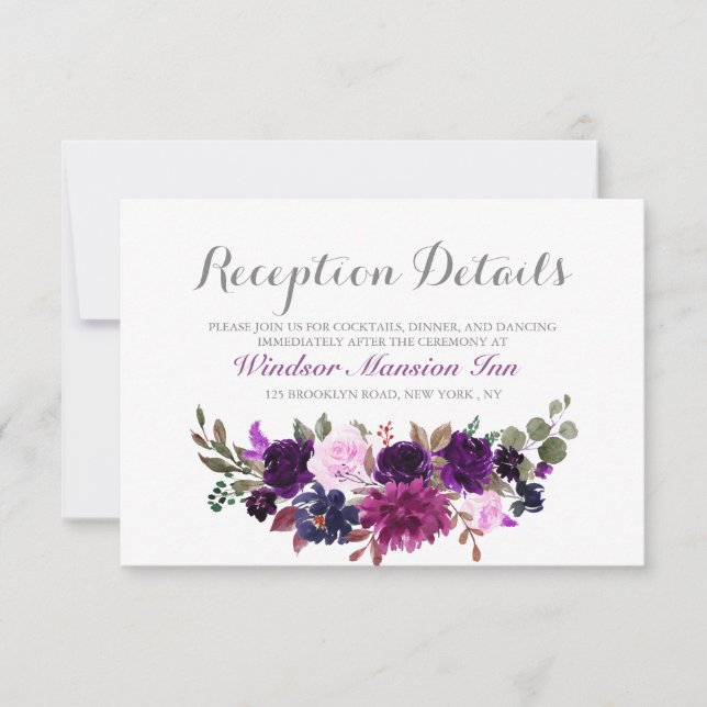 Tarjeta de recepción de boda floral lavanda púrpur (Anverso)