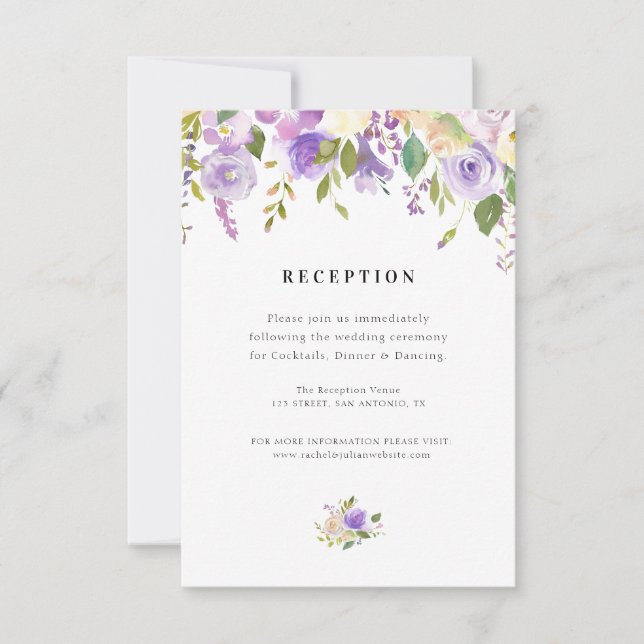 tarjeta de recepción de boda floral púrpura y melo (Anverso)