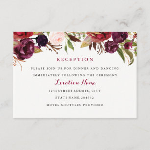 Tarjeta de recepción de boda floral roja de Borgoñ