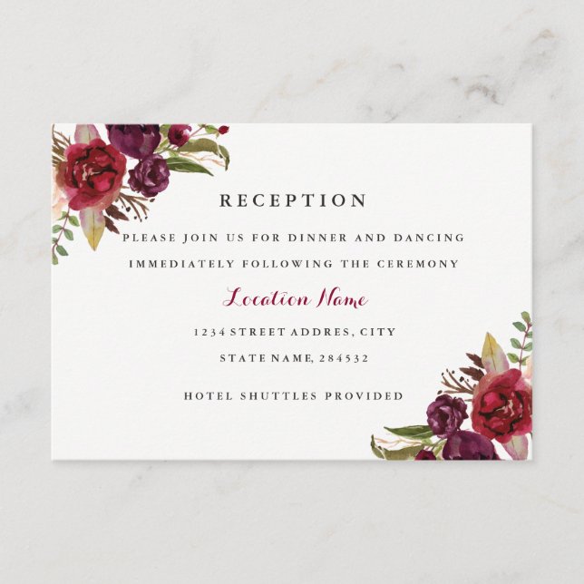 Tarjeta de recepción de boda floral roja de Borgoñ (Anverso)