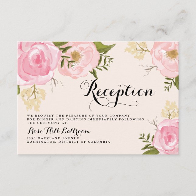 Tarjeta de Recepción de Boda Floral Rosa Vintage M (Anverso)