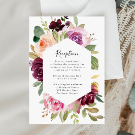Tarjeta de recepción de boda floral rosa y borgoño