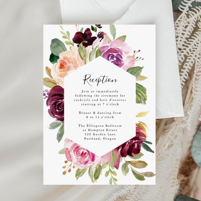 Tarjeta de recepción de boda floral rosa y borgoño (Subido por el creador)