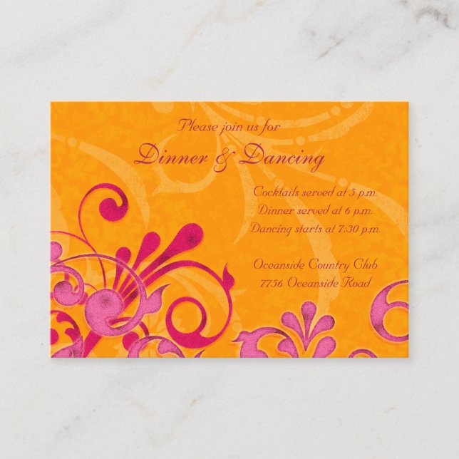 Tarjeta de recepción de boda floral rosa y Naranja (Anverso)