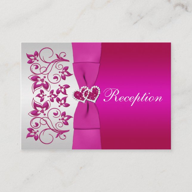 Tarjeta de recepción de boda floral rosa y platead (Anverso)