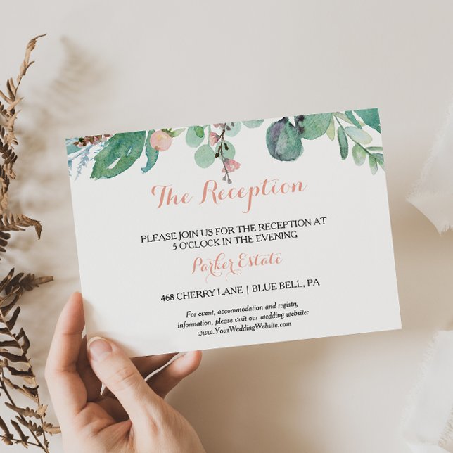 Tarjeta de recepción de boda floral tropical rosad (Subido por el creador)