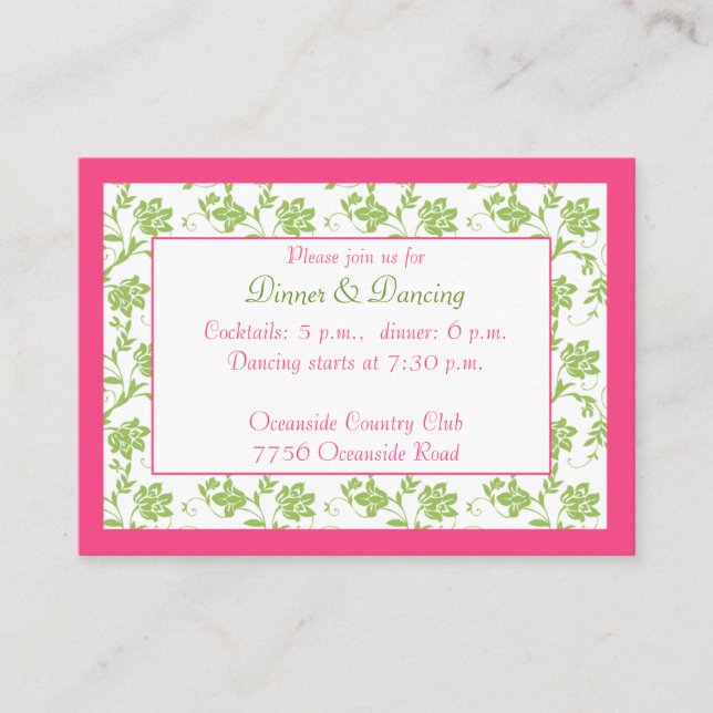 Tarjeta de recepción de boda floral verde rosa (Anverso)