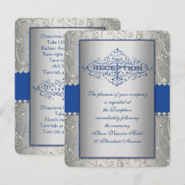 Tarjeta de recepción de boda giratoria azul y plat