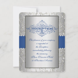 Tarjeta de recepción de boda giratoria azul y plat