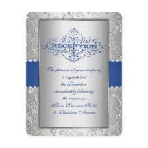 Tarjeta de recepción de boda giratoria azul y plat