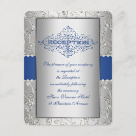 Tarjeta de recepción de boda giratoria azul y plat