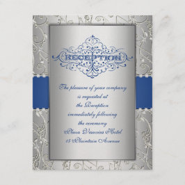 Tarjeta de recepción de boda giratoria azul y plat