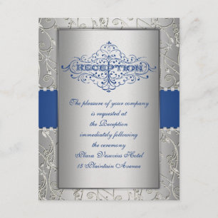 Tarjeta de recepción de boda giratoria azul y plat