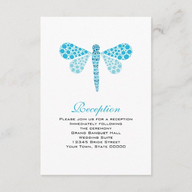 Tarjeta de recepción de boda Libélula azul y blanc (Anverso)