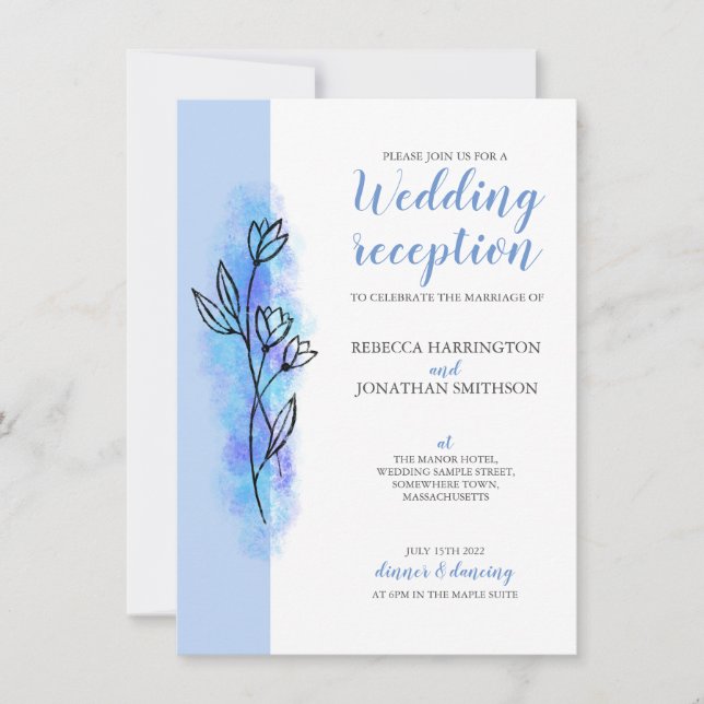 Tarjeta de recepción de boda moderna de flor azul  (Anverso)