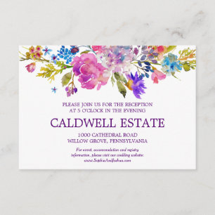 Tarjeta de recepción de boda morada rosa y azul co
