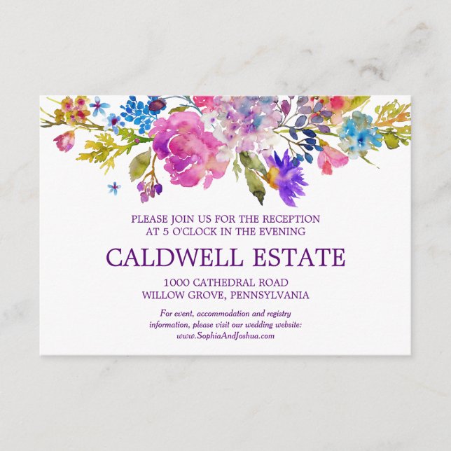 Tarjeta de recepción de boda morada rosa y azul co (Anverso)