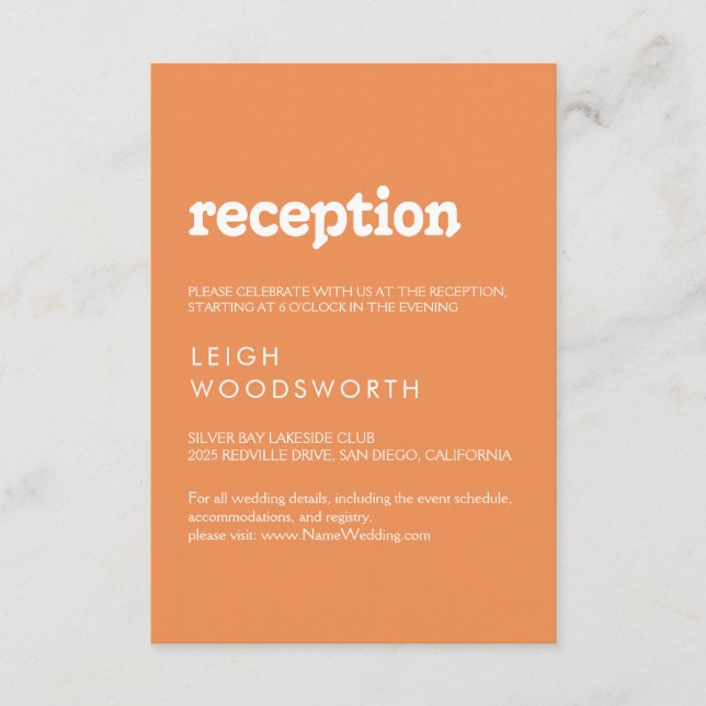 Tarjeta de recepción de boda naranja retro (Anverso)