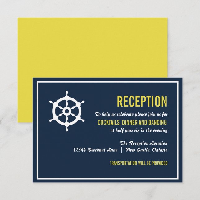 Tarjeta de Recepción de Boda Náutica Azul Marino y (Anverso / Reverso)
