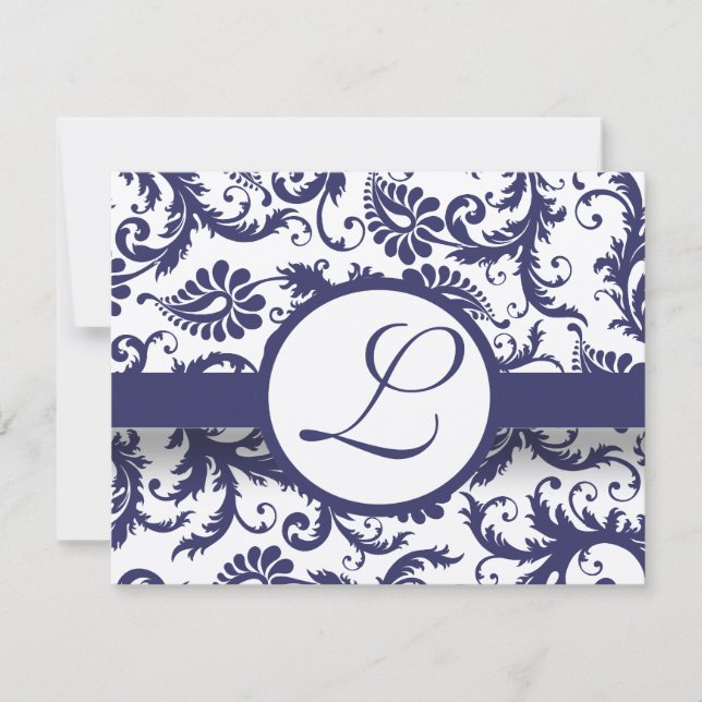 Tarjeta de recepción de boda Navy Damask Swirls (Anverso)