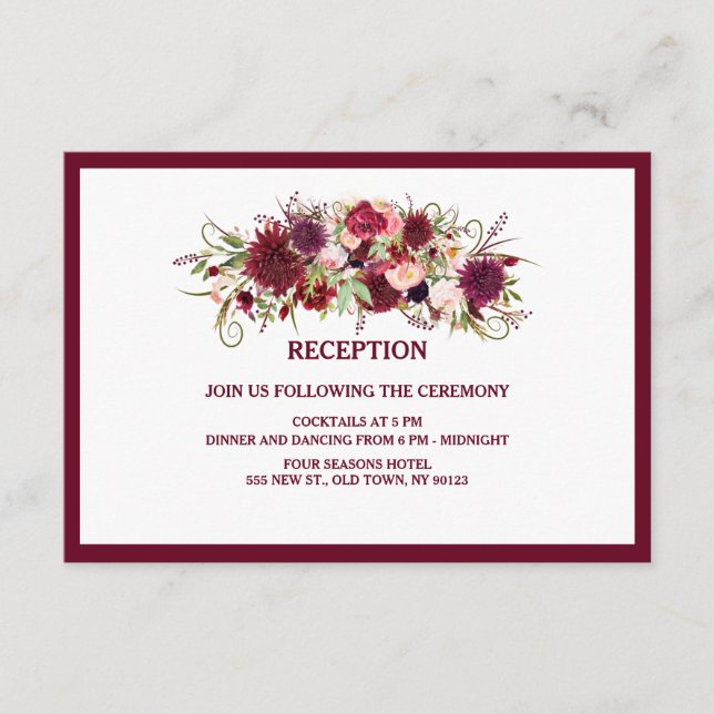 Tarjeta de recepción de boda roja borgoña Marsala (Anverso)