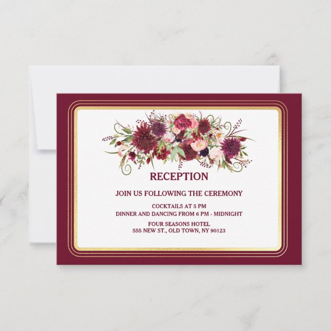 Tarjeta de recepción de boda roja y dorada Marsala (Anverso)