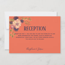 Tarjeta de recepción de boda rústica floral coral