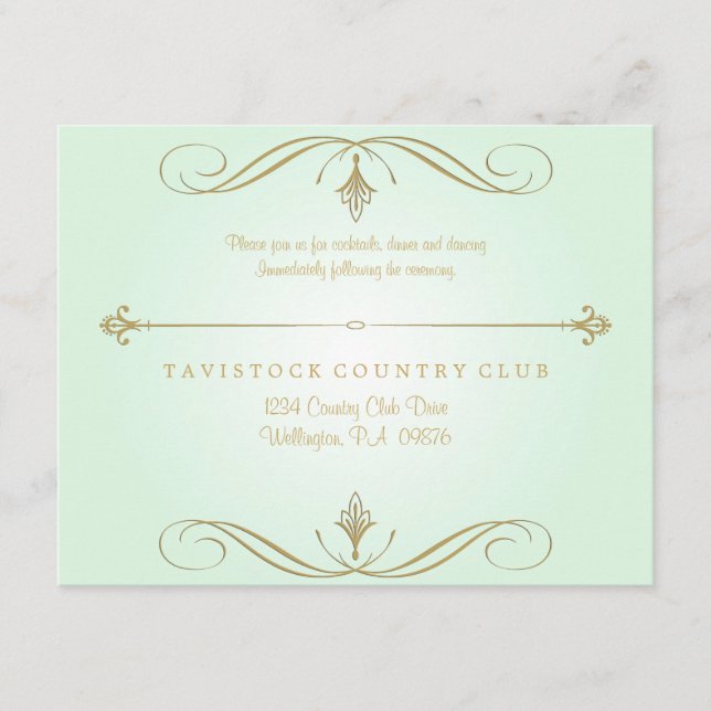 Tarjeta de recepción de boda verde menta y dorado (Anverso)